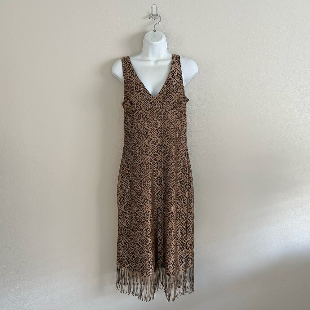 90s Fringe Trim Boho V-Neck Midi Dress Vintage Retro Fall Size L